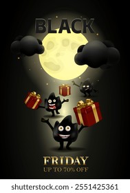 Anuncio Black Friday, descuentos de hasta el 70%. Divertidos personajes negros en forma de un descuento ardiente sostienen cajas de regalo rojas en sus manos sobre un fondo nocturno bajo una luna grande con nubes negras. Vector