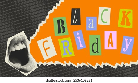 Black Friday banner with female open mouth. Trendy vector pieces. Creative collage for social media, card, print.