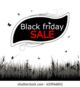 Black Friday banner. Flat design. Black Friday sale inscription design template. Herbs and butterflies silhouette. Vector.