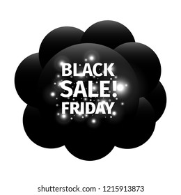 Black friday banner in the form of a cloud of black balls with stars and bright luminous flares. Eps 10 vector.