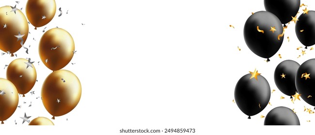 Black Friday banner frame background template with balloon, ribbon and star confetti. fair