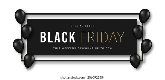 Black Friday banner. Black frame with luxury golden text and flying balloons. Black Friday advertising banner and poster, brochure and flyer design. Vector