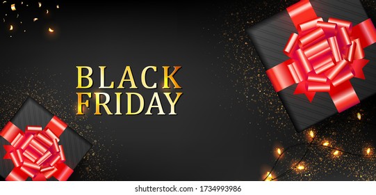 Banner del Black Friday. Caja de regalo decorada con arco rojo, confeti y luz espumosa. sobre fondo negro. Vista superior. Diseño lujoso. Ilustración del vector