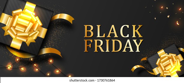 Caja de regalo decorada con un arco dorado y luces espumosas aisladas en el fondo negro. Vista superior. Diseño lujoso. Venta de viernes negro, pancarta, afiche, volante. Ilustración vectorial.