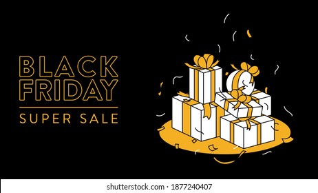 Banner de viernes negro con cajas de regalo. Plantilla de banner vectorial con la ilustración de un montón de cajas de regalo envueltas en cartón. Cartel de una súper venta, oferta especial, página promocional, cajas de regalo de vacaciones