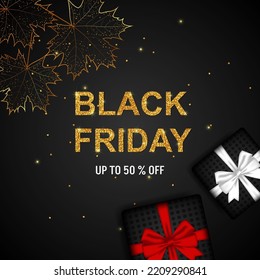 Black friday banner with gift boxes and golden leaves