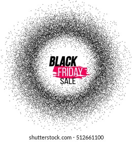 Black Friday banner with black glitter on white background. Black Friday in round frame of dots. Template for Black Friday sale. Vector stock illustration.