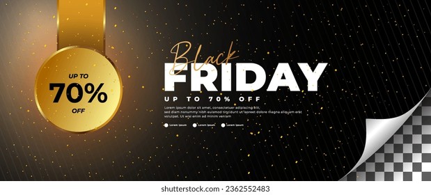 El cartel del Black Friday es negro y dorado, con un elemento de cinta dorada perfecto para la venta al por menor