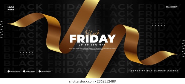 El cartel del Black Friday es negro y dorado, con un elemento de cinta dorada perfecto para la venta al por menor