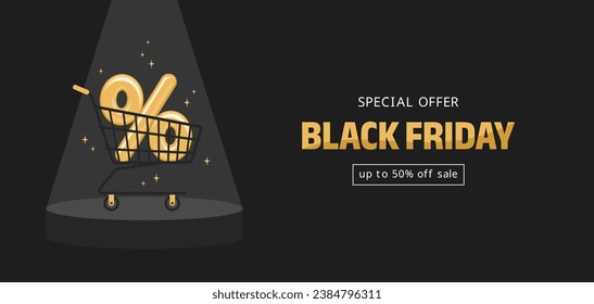 Black friday banner. Golden percent sign in shopping cart on a pedestal under the spotlight and text on a black background. Flat vector illustration