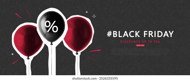 Black Friday banner with halftone balloons. Creative collage, paper fashion sale design. Y2K modern template for banner, poster, promotional materials. Vector illustration