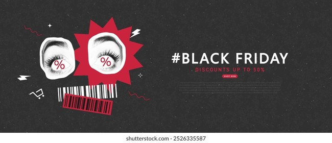 Black Friday banner with halftone eyes percentages, barcode instead of mouth. Creative collage, paper fashion sale design. Y2K modern template for banner, poster, advertising materials. Vector