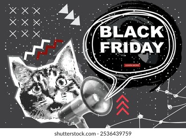 Black Friday banner with halftone Funny cat screaming into megaphone. Creative collage, paper fashion sale design. Y2K modern template for banner, poster, promotional materials.