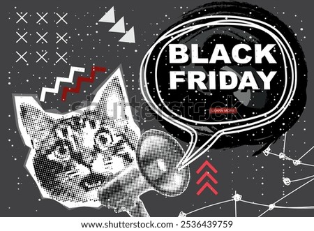 Black Friday banner with halftone Funny cat screaming into megaphone. Creative collage, paper fashion sale design. Y2K modern template for banner, poster, promotional materials.