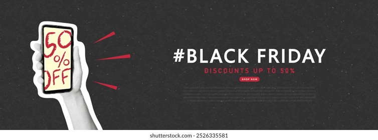 Black Friday banner with halftone hand holding phone. Creative collage, paper fashion sale design. Y2K modern template for banner, poster, advertising materials. Vector illustration