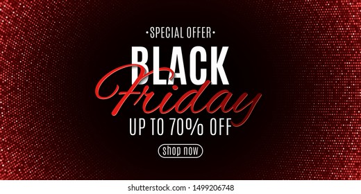 Black friday banner. Halftone pattern and stylish lettering. Red glitter. Grand seasonal sale. Poster for your design. Vector illustration. EPS 10
