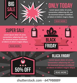 Black friday banner horizontal concept set. Flat illustration of 3 black friday vector banner horizontal concepts for web