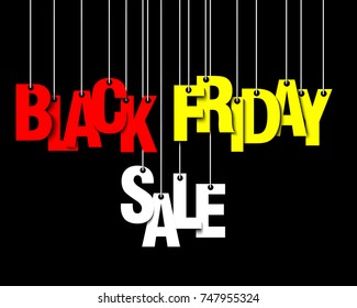 Black Friday banner. Inscription Black Friday Sale hanging on a ropes on a isolated background. Vector illustration