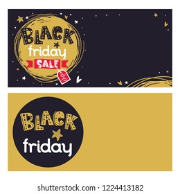 Black Friday banner, invitation or print set with hand drawn text. Sale poster. Vector illustration. Discount design. Lovely childish illustration. Empty space for your text. Horizontal composition