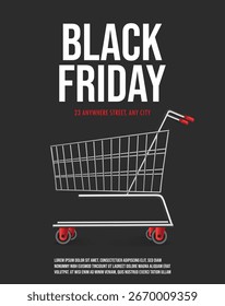 Black Friday Banner Layout Design, realistischer Warenkorb, Black Friday Social Media Post Template