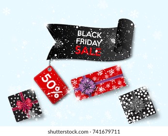 Black Friday. Banner layout for the worldwide discount holiday in November. Black ribbon with tag on snowy background with gift boxes. Vector illustration.