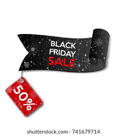 Black Friday. Banner layout for the worldwide discount holiday in November. Black ribbon with tag on snowy background. Vector illustration.