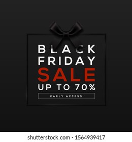 Black Friday Banner. Black Friday Lettering and Gift Bow Frame against black background. 