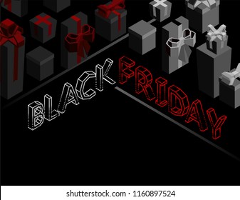 Black Friday banner. Letters on a black background. Isometric 3d