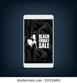 Black friday banner. Low poly black background. Holiday sales poster with smarpthone and message. Eps10 vector illustration.
