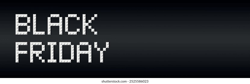 Schwarzes Freitag-Banner aus weißem Plastikziegel, Spielzeugblöcke auf schwarzem Hintergrund. Baustein-Schriftart. Vektorgrafik. Freitag mit großem Verkauf