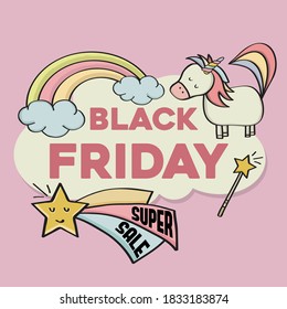 Banner negro del viernes con elementos mágicos para la tienda de niños.  Vector