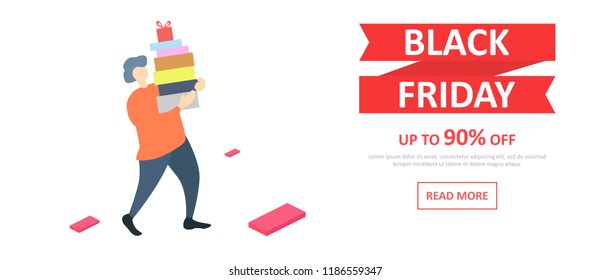 Black Friday banner. A man carries a lot of boxes with purchases.