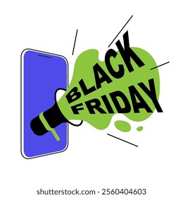 Black Friday banner with a megaphone and smartphone design, perfect for online ads, social media, event promotions, and retail signage to attract shoppers.