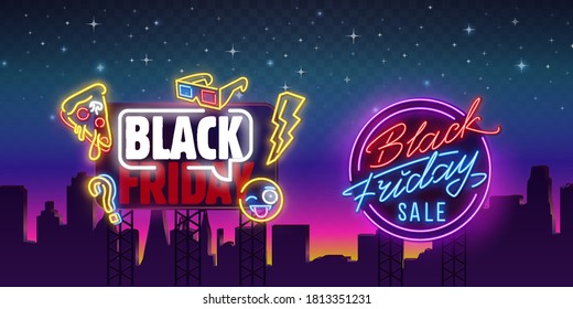 Black Friday banner. BLACK FRIDAY neon sign isolated on transparent background. Shining and glowing neon effect.