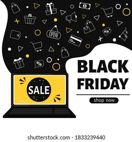 Black friday banner. Online shopping with laptop. Vector illustration in flat style.