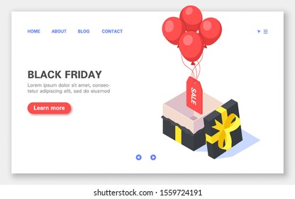 Black Friday banner. An open box from which balloons fly with a coupon for sale. Isometric vector illustrationon on white background.