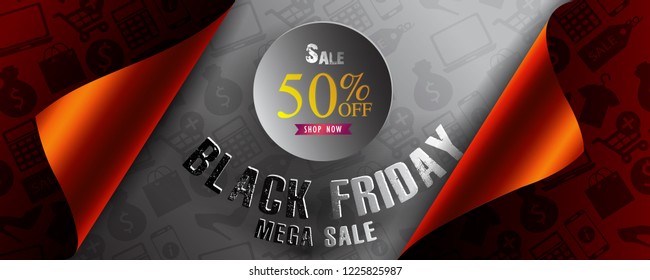 Black Friday banner with open gift wrap paper and shopping icons concept. Vector illustration.