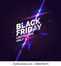 Black friday banner. Original poster for discount. Geometric shapes and neon glow against a dark background. Vector illustration.