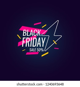 Black friday banner. Original poster for discount. Geometric shapes and neon glow against a dark background. Vector illustration.