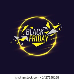 Black Friday banner. Original poster for discount. Geometric shapes and neon glow against a dark background. Vector illustration.