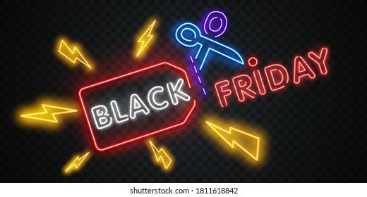 Black friday banner. Original poster for discount. Geometric shapes and neon glow. Vector illustration.