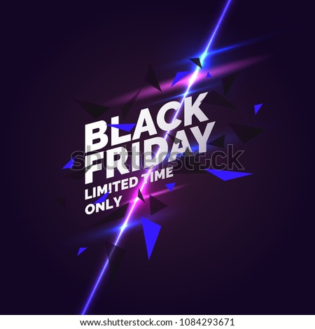 Black friday banner. Original poster for discount. Geometric shapes and neon glow against a dark background. Vector illustration.