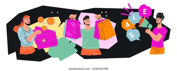 Black friday banner with people shopping with amazing discounts and deals during the Black Friday sale, flat vector illustration isolated on white background.