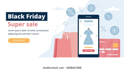 Black friday banner with phone screen, shopping bags and credit card. Vector illustration template