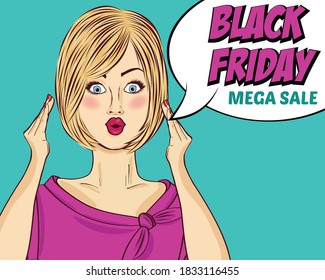 Black friday banner with pin-up girl. Retro style. Vector