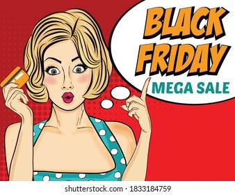 Black friday banner with pin-up girl. Retro style. Vector