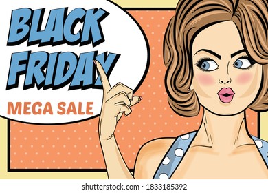 Black friday banner with pin-up girl. Retro style. Vector