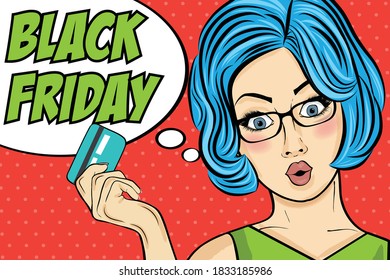 Black friday banner with pin-up girl. Retro style. Vector