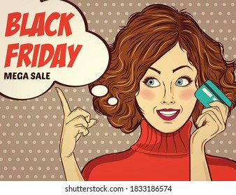 Black friday banner with pin-up girl. Retro style. Vector