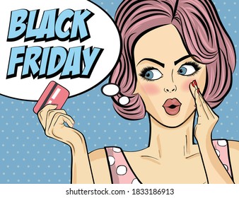 Black friday banner with pin-up girl. Retro style. Vector